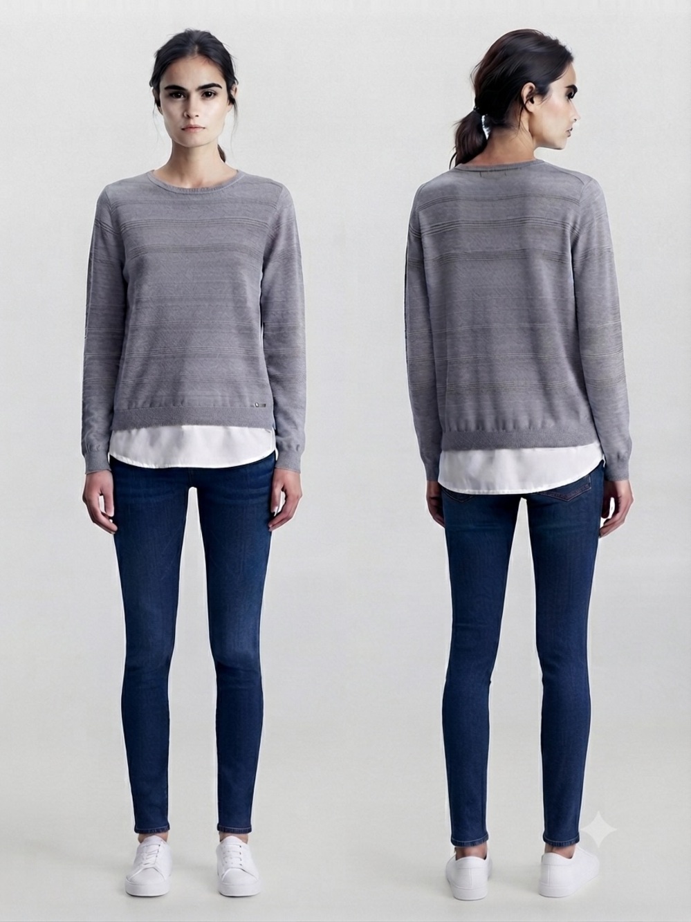 Calvin Klein Women's Size L Gray 2-in-1 Layered-Look Sweater & Shirt Hem - Picture 3 of 15